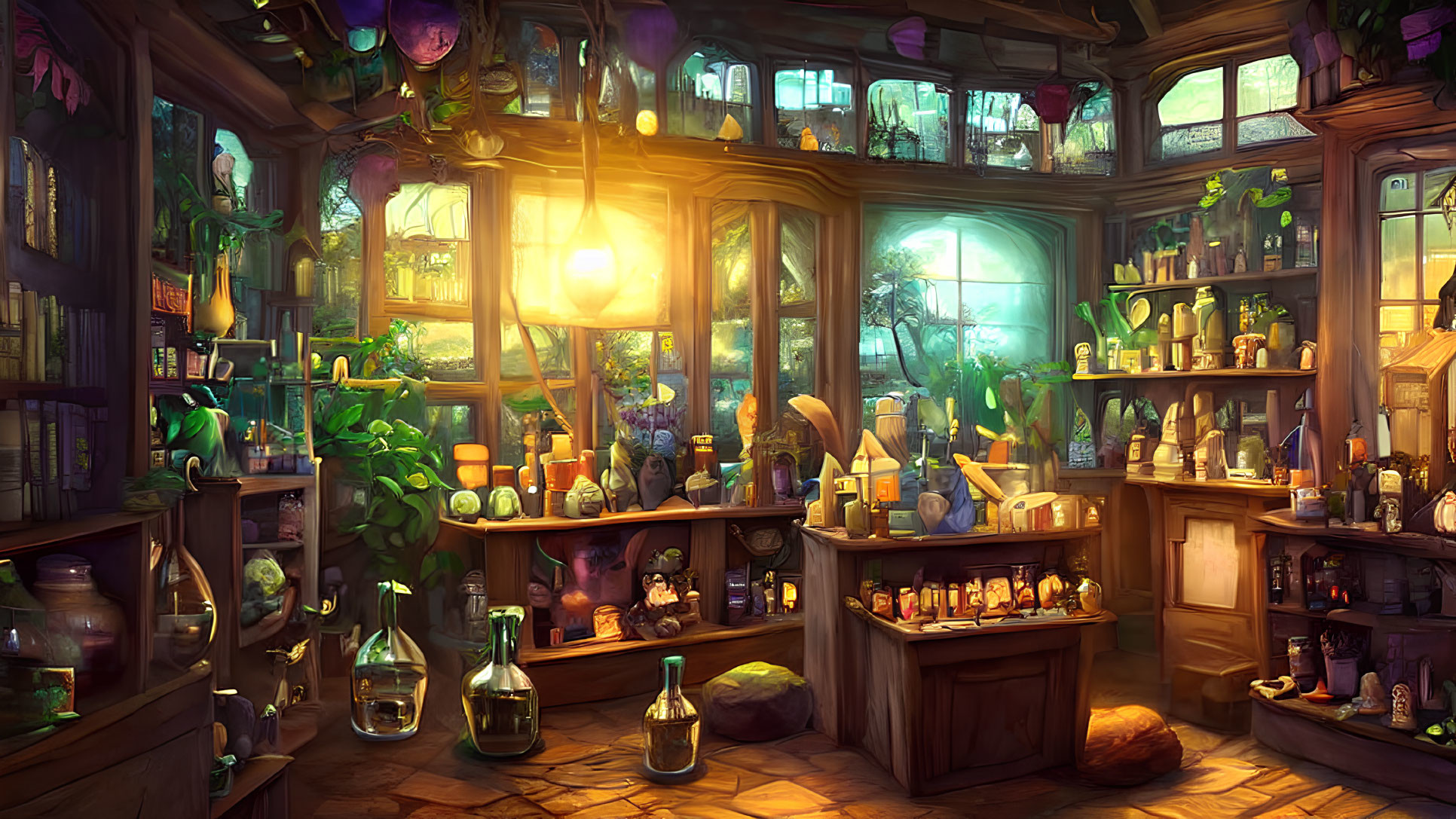 Vibrant apothecary with bottles, plants, and sunlight