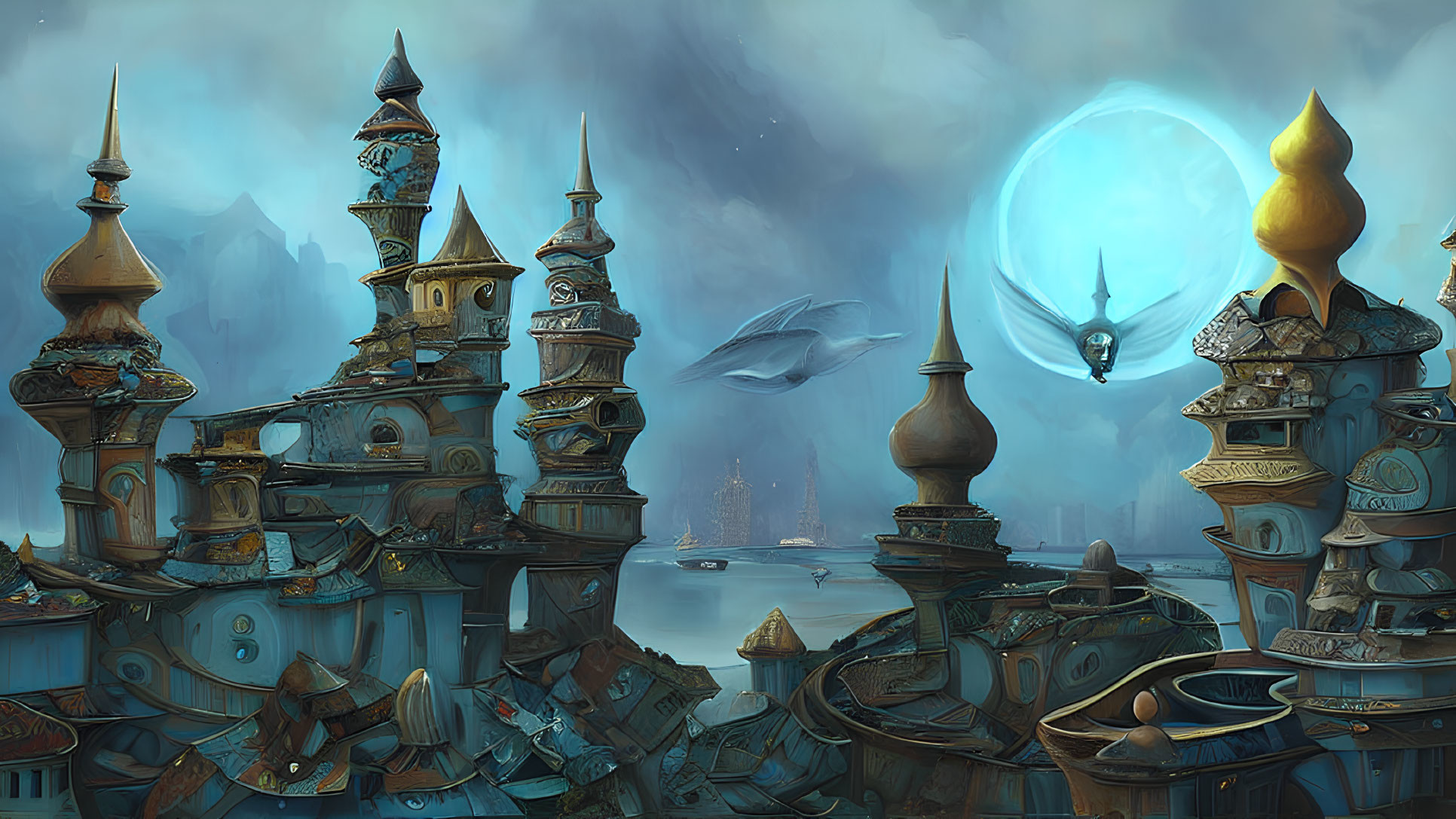 Fantasy cityscape with ornate spires, glowing orbs, and flying whales