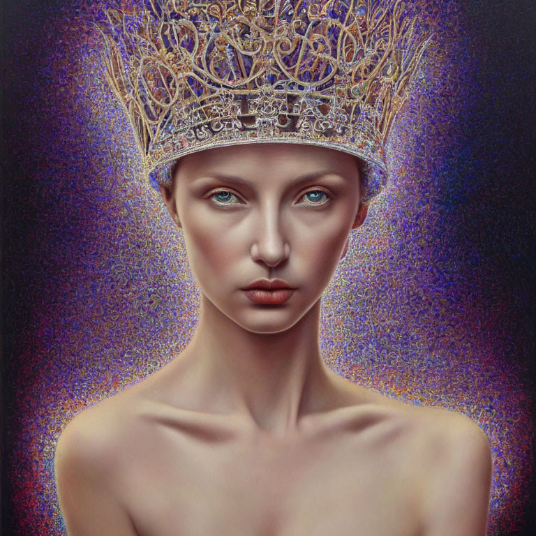 Detailed Golden Crown on Person with Multicolored Skin Texture and Green Eyes