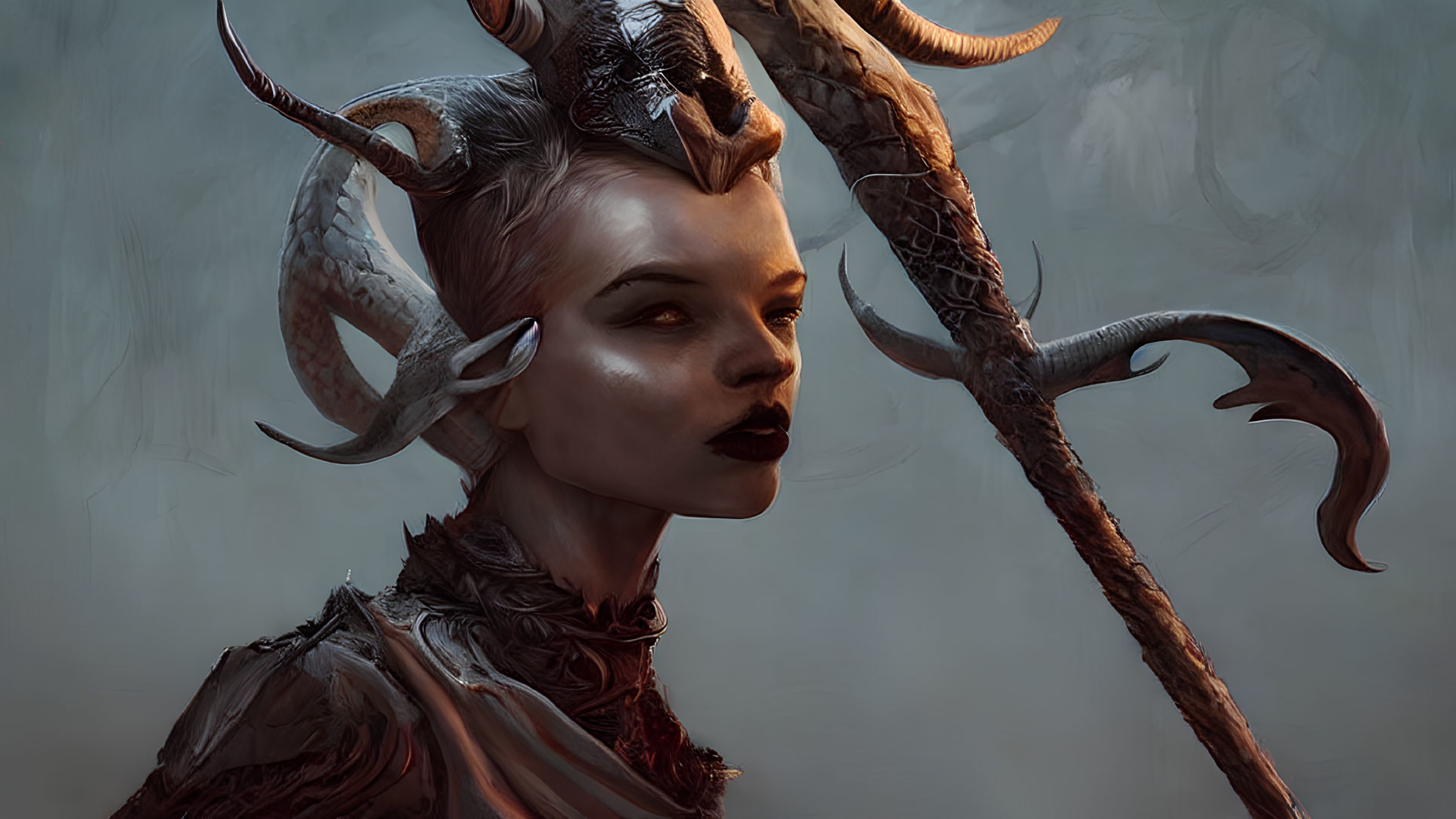 Fantasy painting of a woman with dragon-like horns and scale textures holding a curved blade spear.