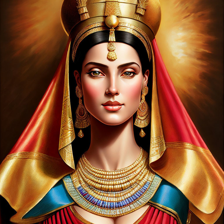 Digital portrait of woman as ancient Egyptian queen with striking eyes, traditional headdress, jewelry, golden,