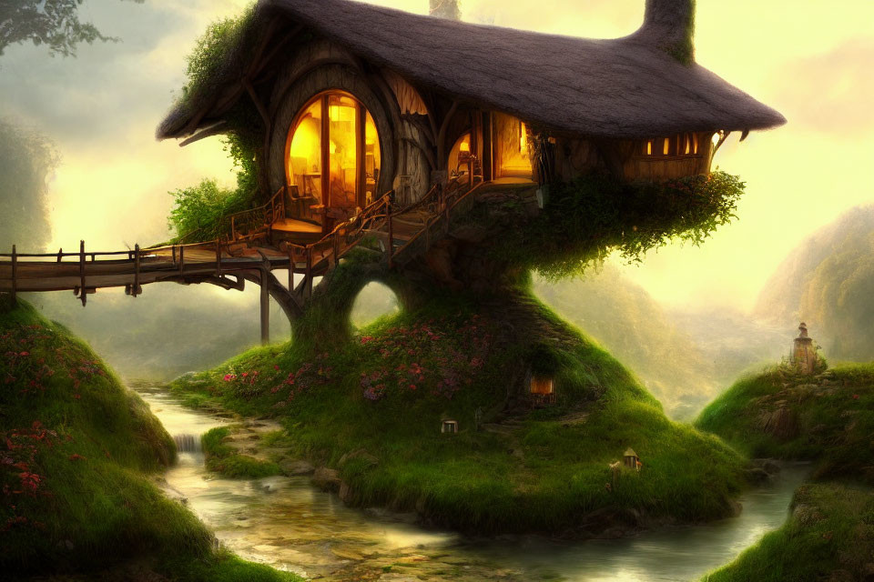 Enchanted woodland cottage on lush green hill with bridge and serene stream at dusk