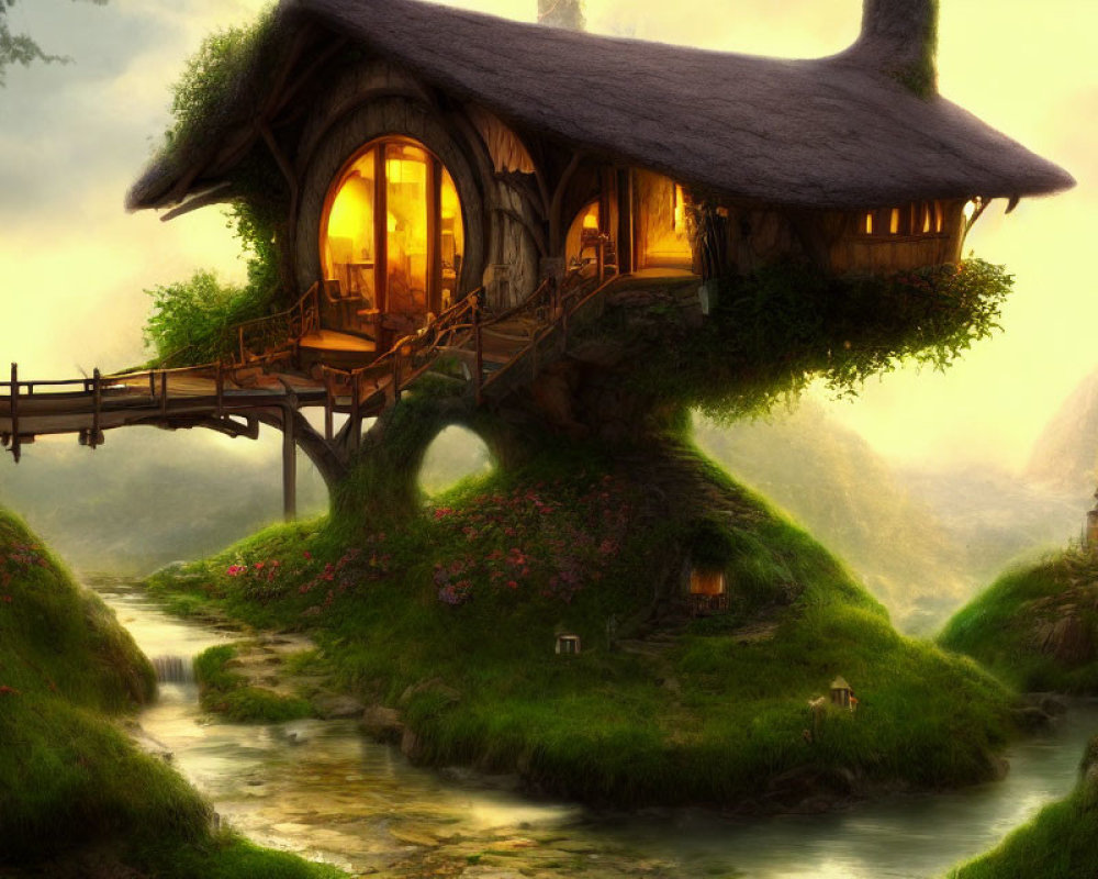 Enchanted woodland cottage on lush green hill with bridge and serene stream at dusk