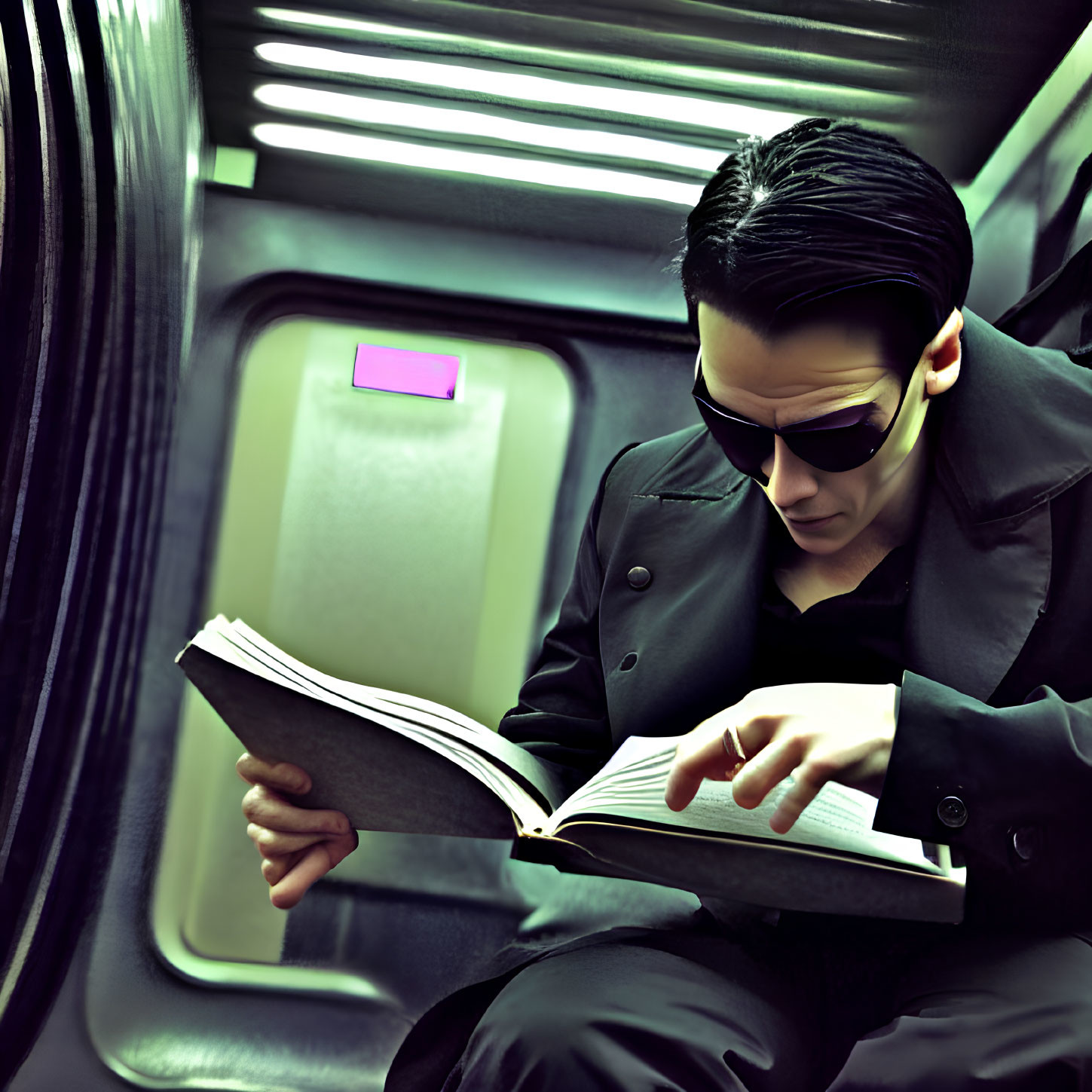 Stylized image of person reading book on train with greenish tint and purple light