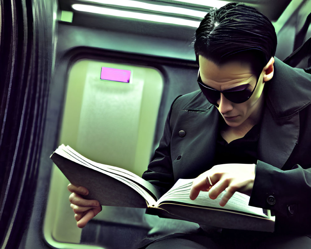 Stylized image of person reading book on train with greenish tint and purple light