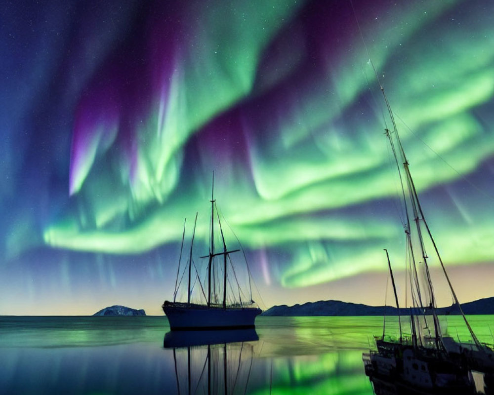 Tranquil scene of purple and green Northern Lights over water with sailboats