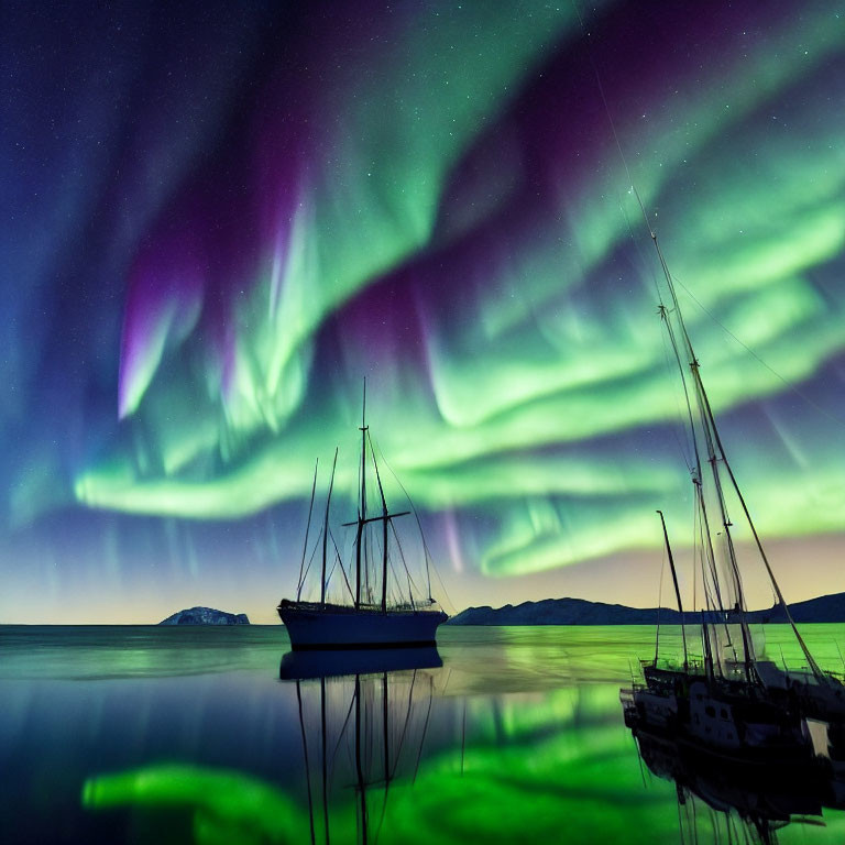 Tranquil scene of purple and green Northern Lights over water with sailboats