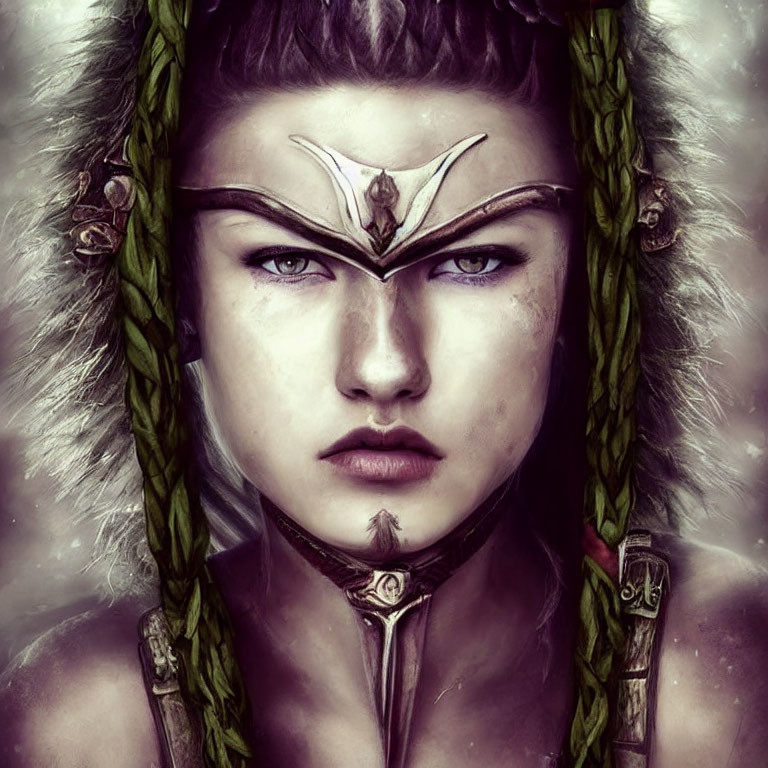 Digital portrait: Woman with braided green hair, determined gaze, and fantasy-style armor.