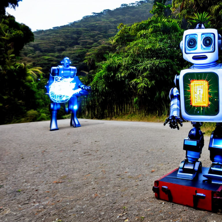 Illuminated blue and screen-torso robots in forest scene