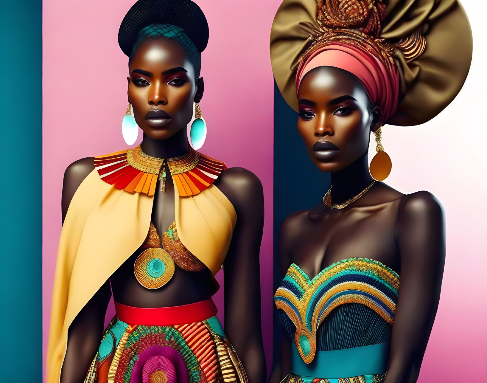 Two women in vibrant African-inspired attire and headwraps with bold makeup on blue and pink background