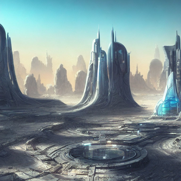 Alien cityscape with towering spires and circular platform in rocky terrain