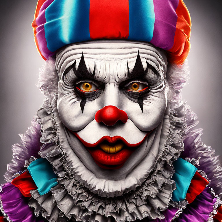 Detailed close-up of person in colorful clown makeup with intense eyes and ruffled collar.