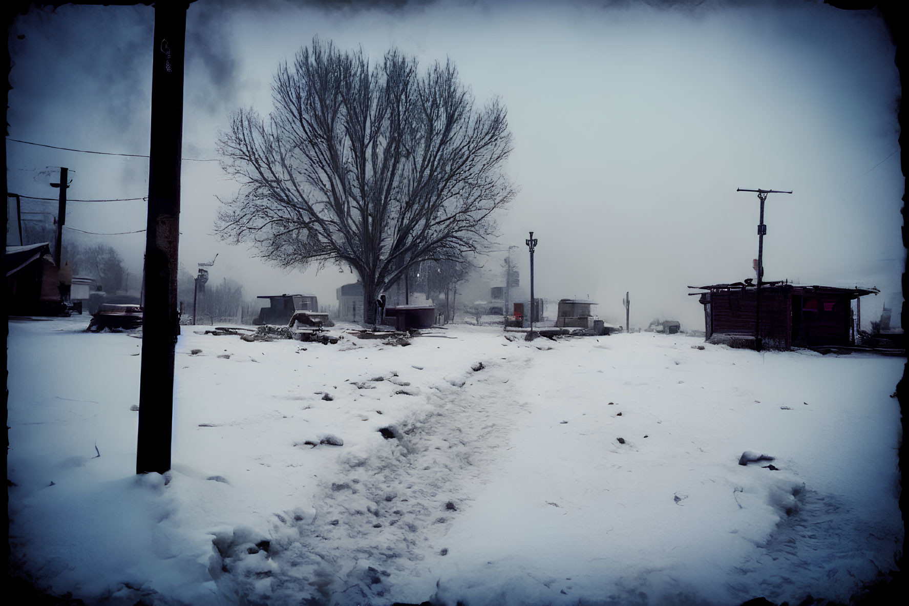 Snowy Street Scene with Footprints, Bare Trees, and Buildings in Misty Blue Ambiance