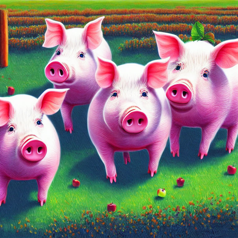 Four Cartoon Pigs in Vibrant Green Field with Red Apples