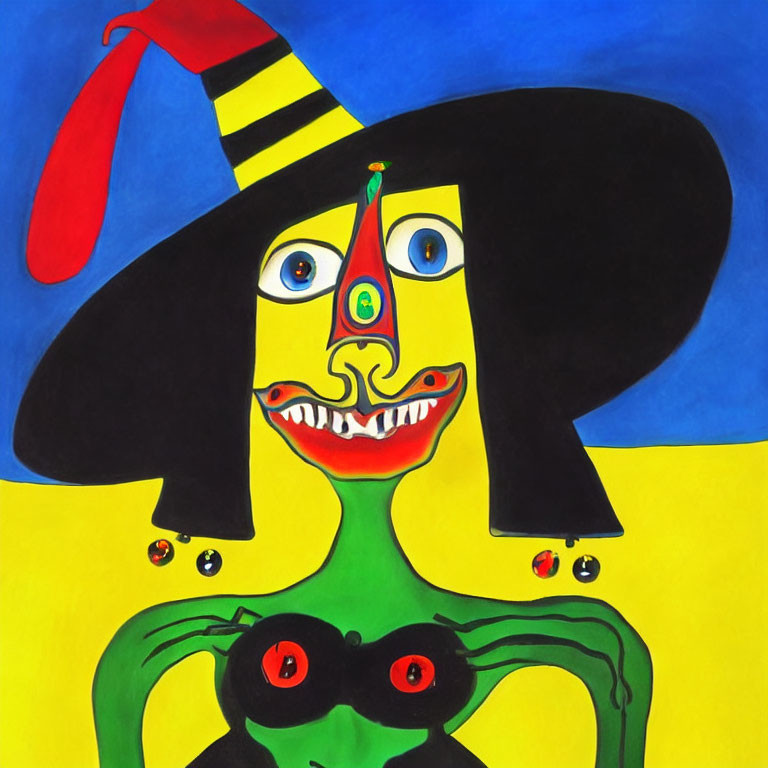 Colorful Abstract Painting of Whimsical Character with Distorted Face and Striped Hat