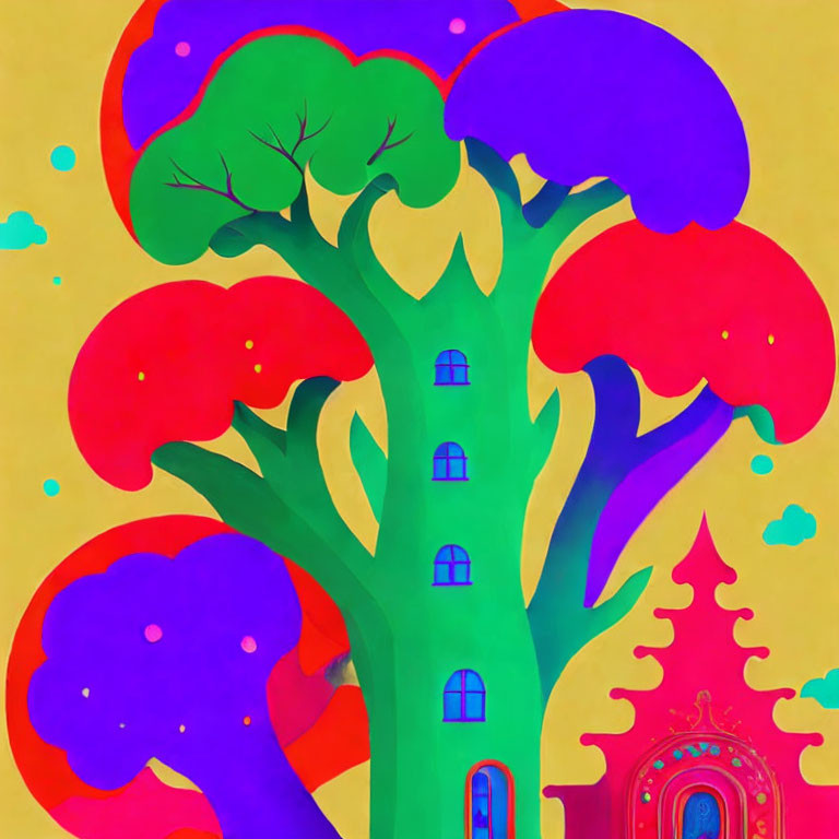 Colorful Tree and Quirky Red House Illustration