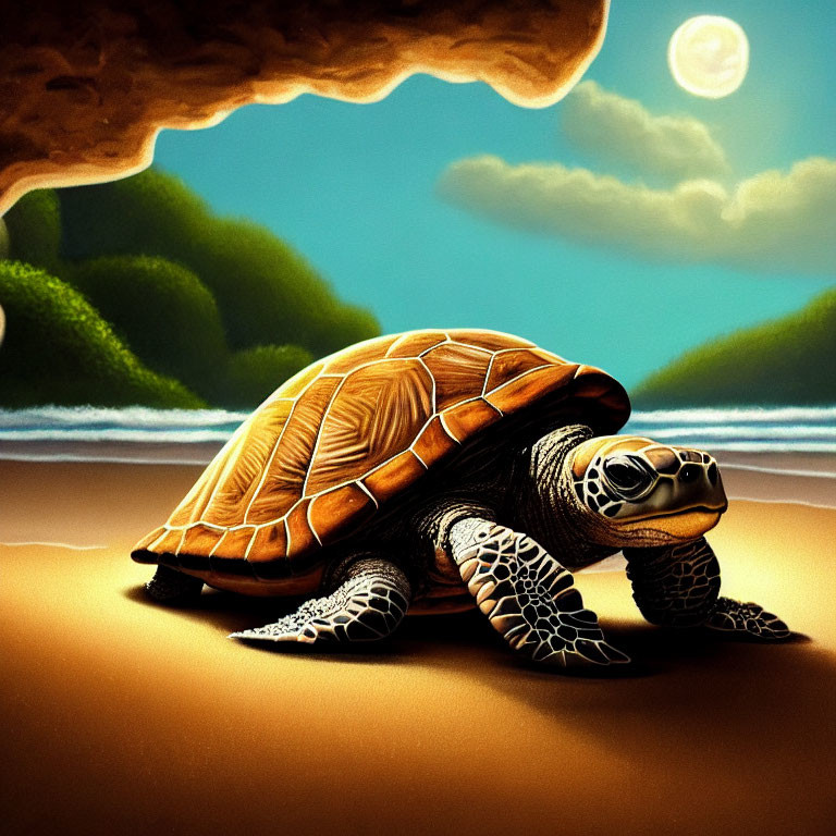 Realistic Turtle Illustration on Sandy Beach with Moonlit Sky