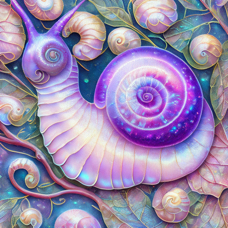 Colorful cosmic-themed snail illustration with iridescent foliage.