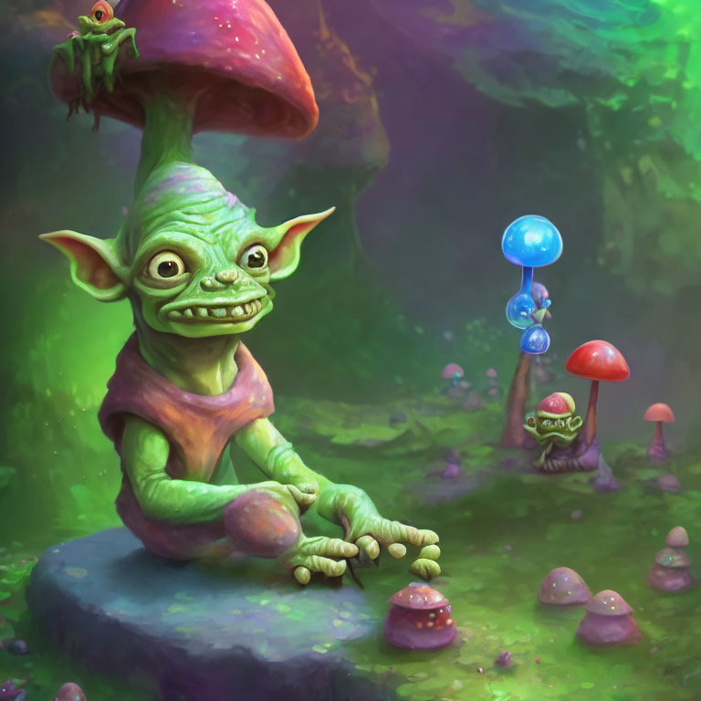 Green Goblin with Large Ears in Mystical Forest Under Mushroom