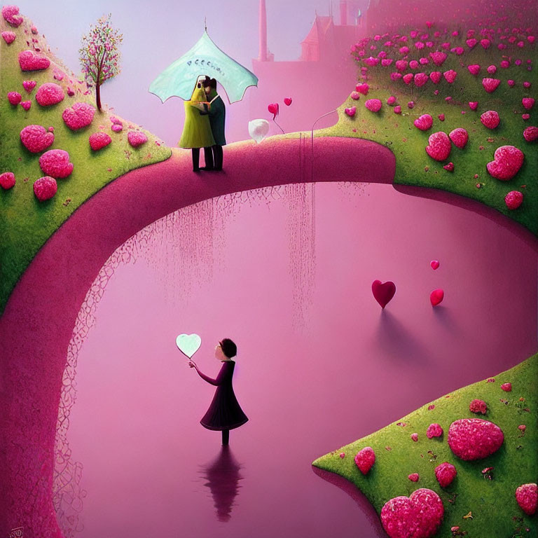 Whimsical artwork of couple under umbrella on heart-shaped bridge and girl with heart-balloon by pink