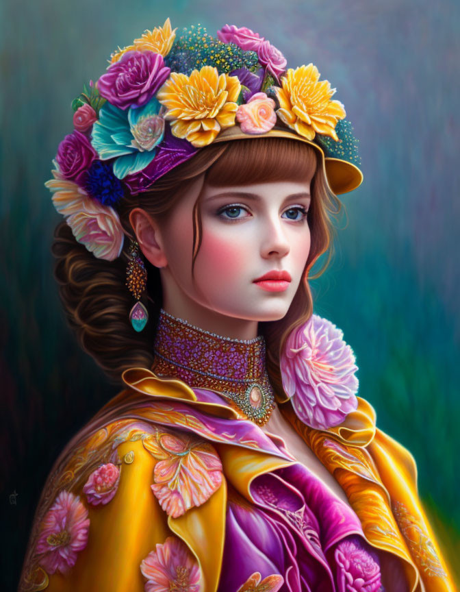 Vivid portrait of a woman in floral hat and colorful dress with rose patterns