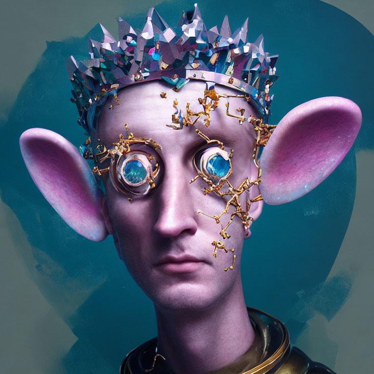 Digital artwork featuring character with pink ears, blue mechanical eyes, ornate crown, and golden vine details