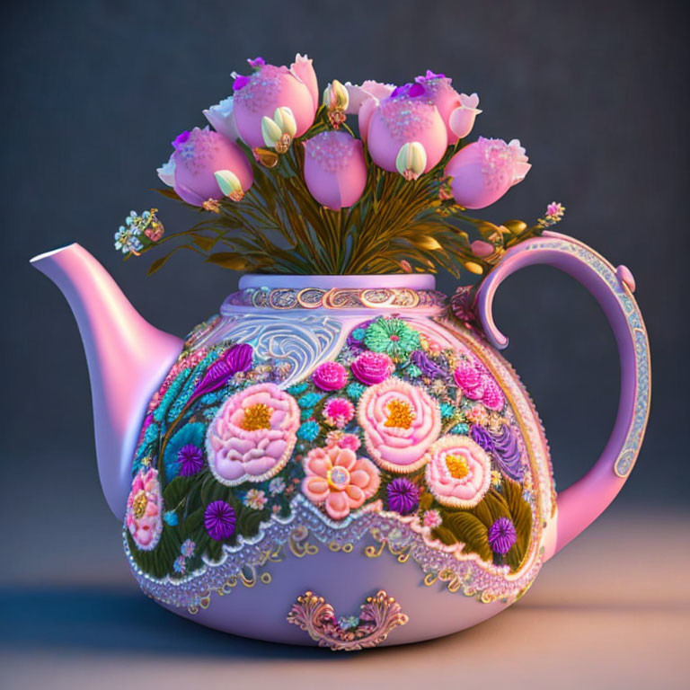 Floral Motif Teapot with Pouring Blossoms