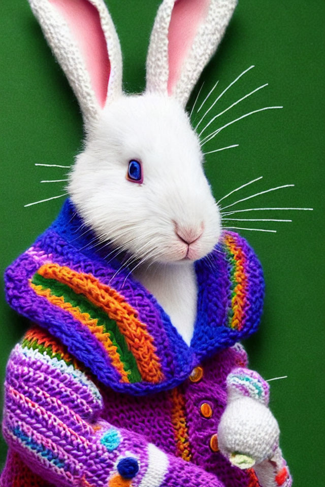 White Rabbit with Blue Eyes in Colorful Sweater on Green Background