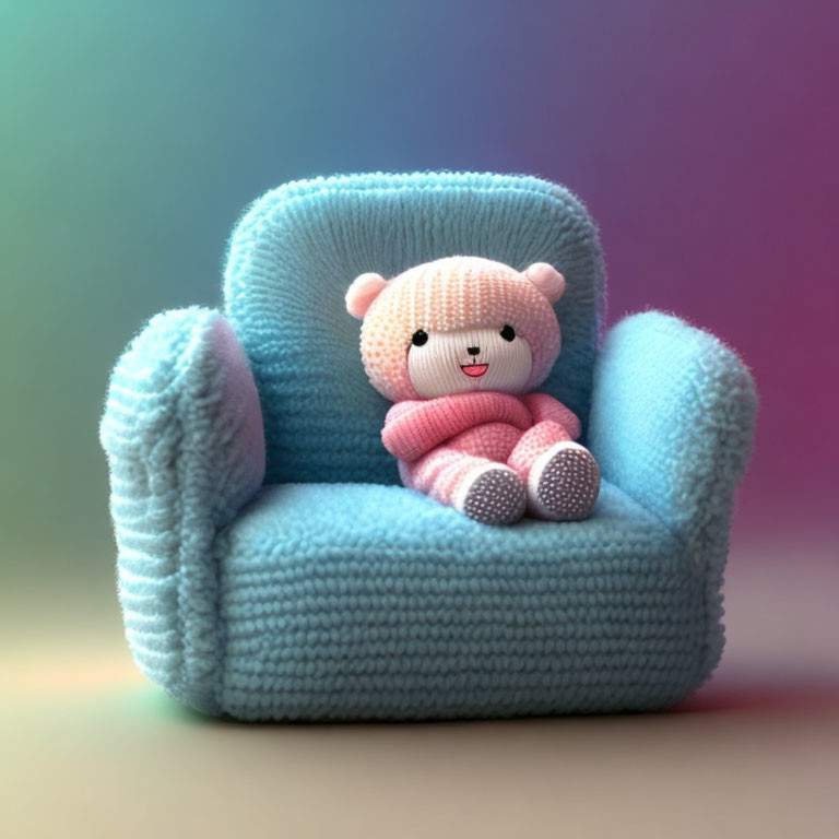 Knitted Teddy Bear on Blue Armchair in Pastel Setting