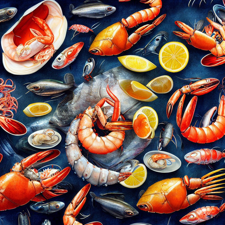 Seafood Platter with Shrimp, Lobster, and Fish on Textured Background