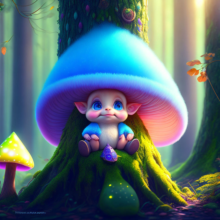 Illustration of creature under giant blue mushroom in enchanted forest