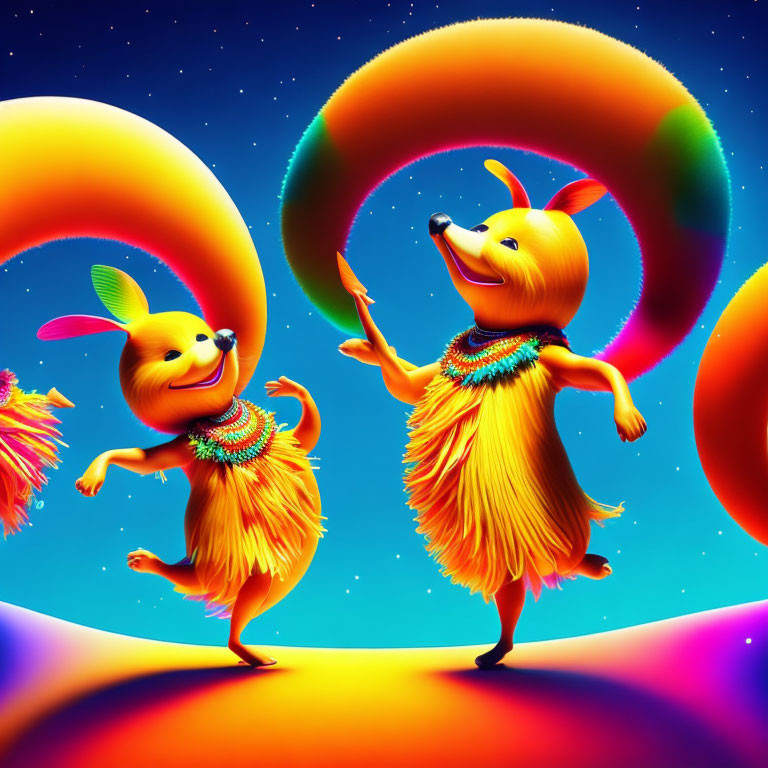 Colorful anthropomorphic foxes dancing under neon rainbow arcs on vibrant night sky background