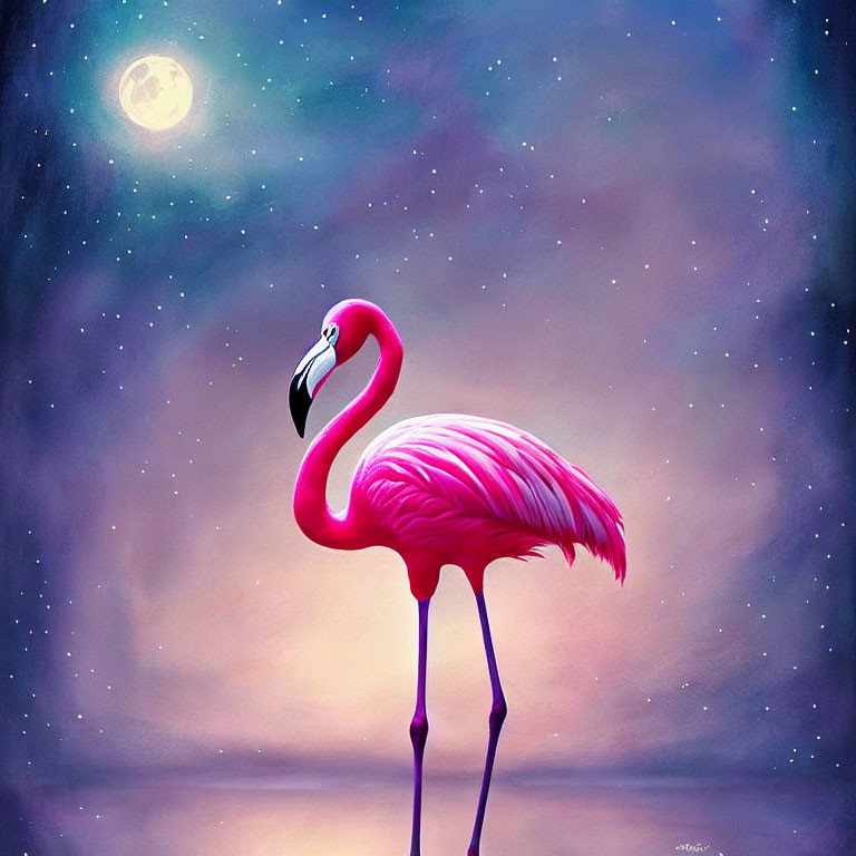 Pink flamingo under moonlit starry sky in hues of purple and blue