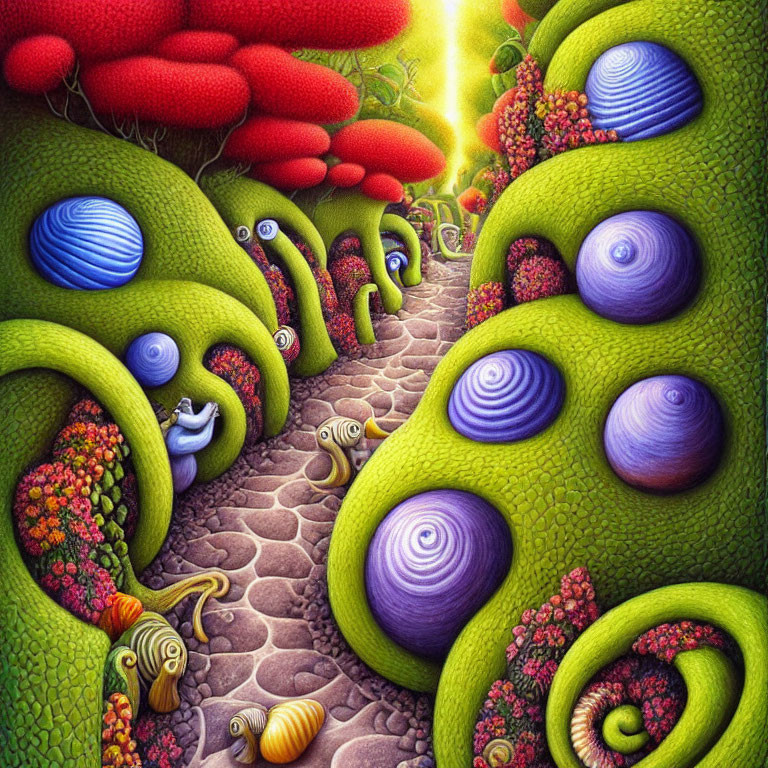 Colorful Illustration of Whimsical Garden Path with Snails and Plants