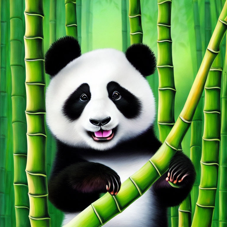 Vibrant Smiling Panda with Bamboo in Bamboo Forest