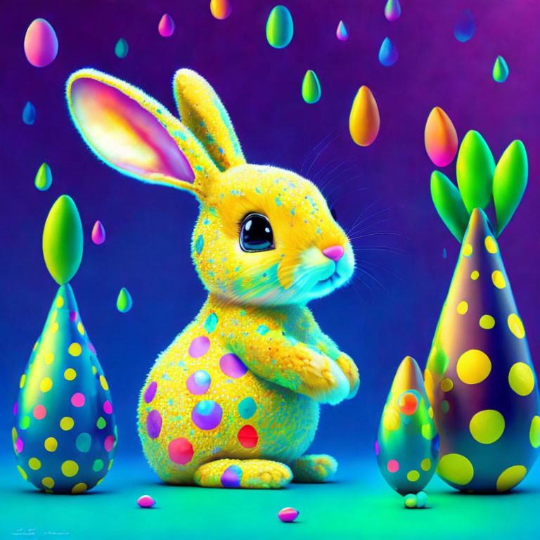 Vibrant digital art featuring textured yellow bunny and spotted eggs on purple background