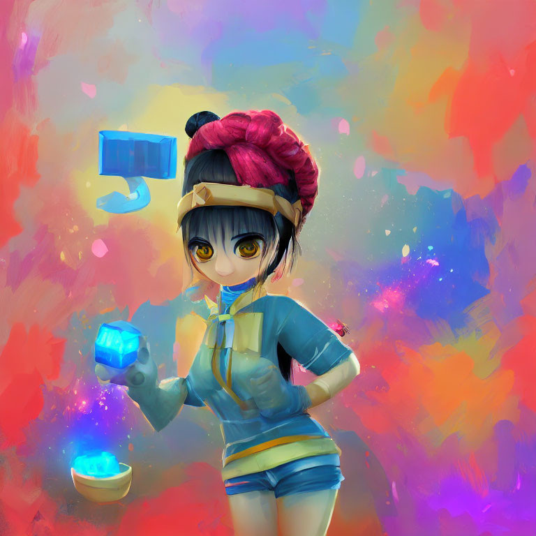 Vibrant illustration of stylized female character with blue eyes and glowing cube