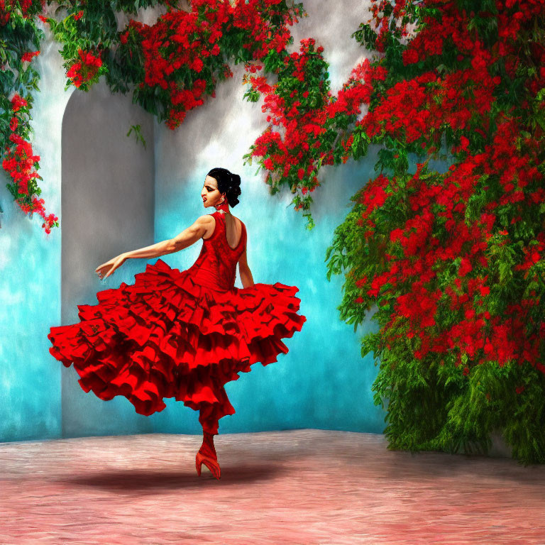 Elegant dancer in flowing red dress amid lush green foliage