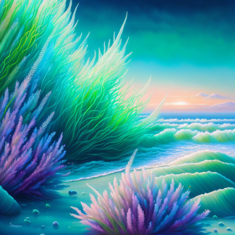 Luminescent coral in vibrant underwater twilight scene