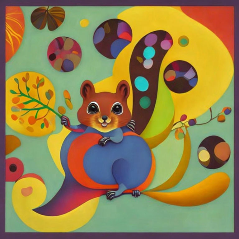 Colorful Whimsical Squirrel Illustration with Exaggerated Eyes and Abstract Background