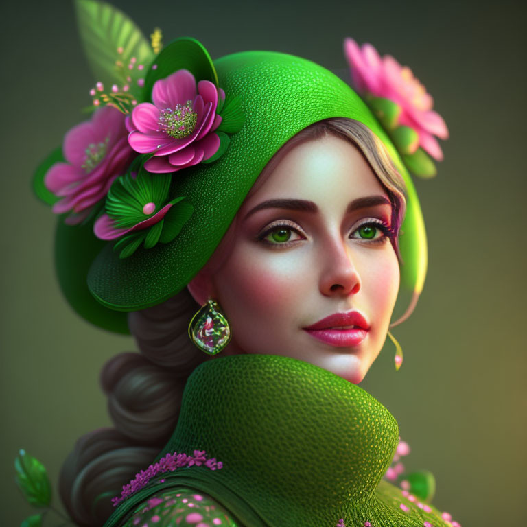 Woman Portrait with Green Headwear and Floral Accessories