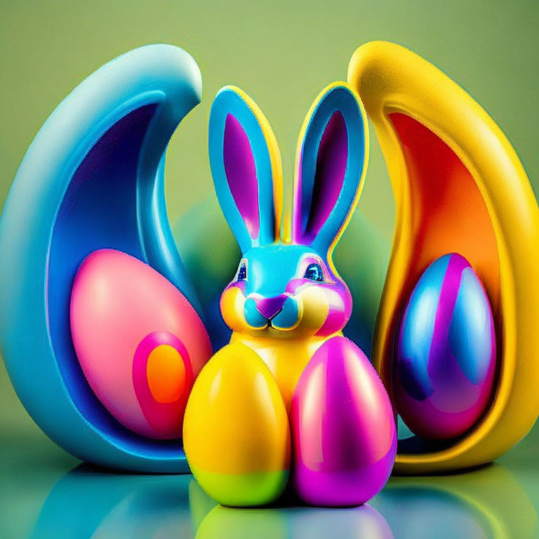 Vibrant Easter Setup with Blue Bunny Figurine and Eggs