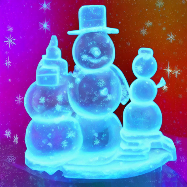 Vibrant digital artwork featuring glowing snowmen on starry backdrop