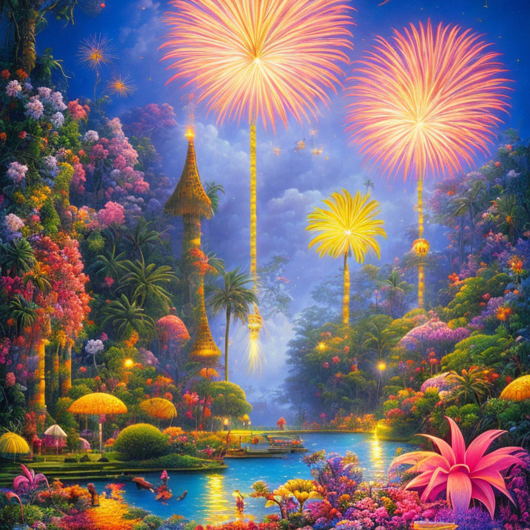 Fantasy landscape with fireworks, river, lush flora, exotic buildings, and boat under twilight sky