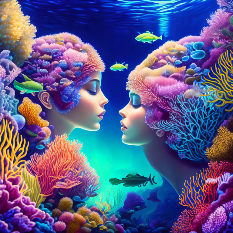 Stylized underwater coral reef faces with vibrant marine life and shark silhouette