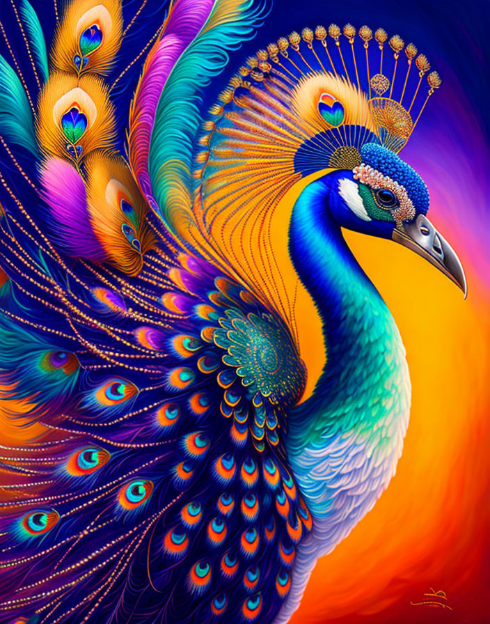 Colorful Peacock Illustration with Intricate Patterns and Eye Spots