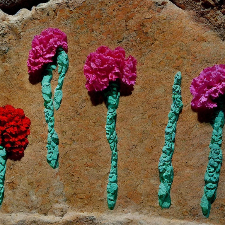 Vibrant paper carnation flowers on beige wall showcase texture contrast