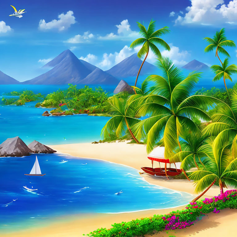 Tropical Beach Scene with Palm Trees, Sailing Boat, and Volcanoes