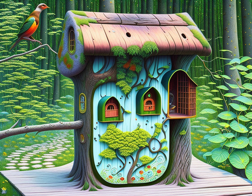 Colorful birdhouse in tree trunk shape in vibrant bamboo forest