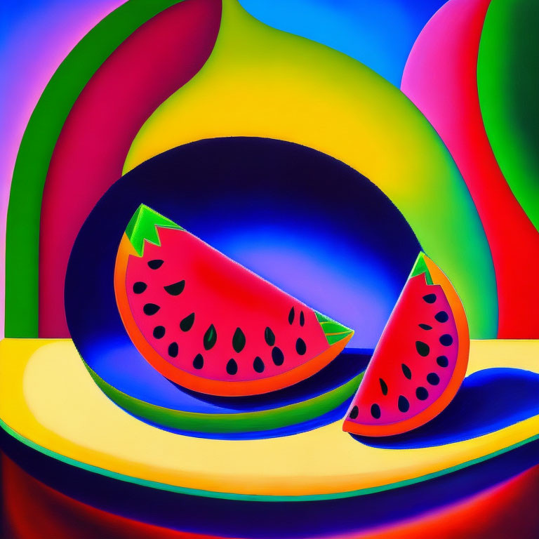 Colorful Stylized Watermelon Slice Artwork with Abstract Geometric Background